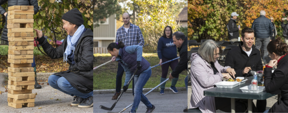 Ecometrix experts playing giant Jenga, road hockey, and eating at tables outside.